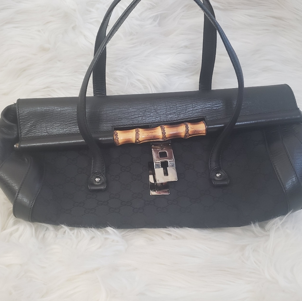 Gucci Authentic Black Monogram Bamboo Satchel Bag